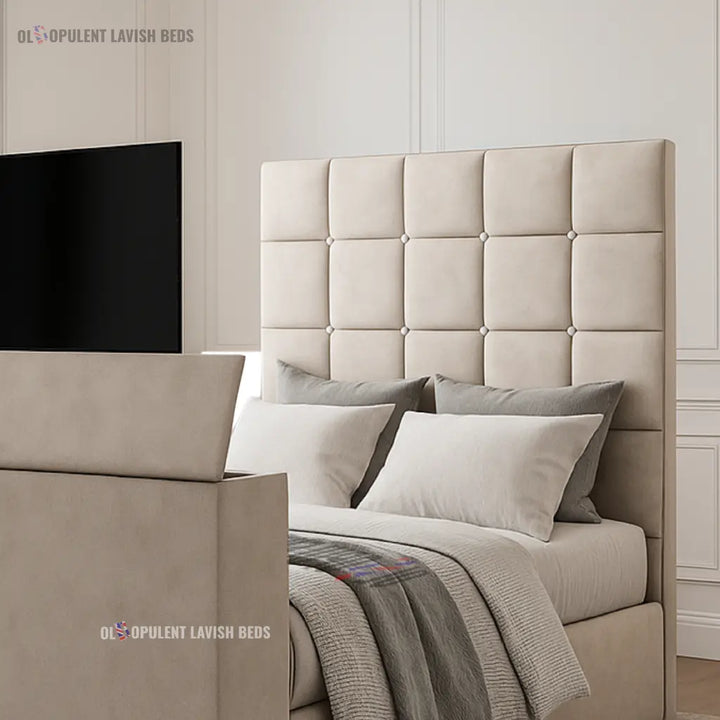 Grey Suede Harmony TV Bed with optional ottoman storage Double bed