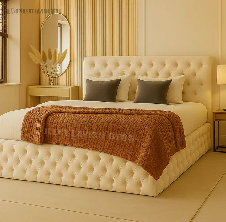 Cream Diamond Tufted Ottoman Storage Bed King Size