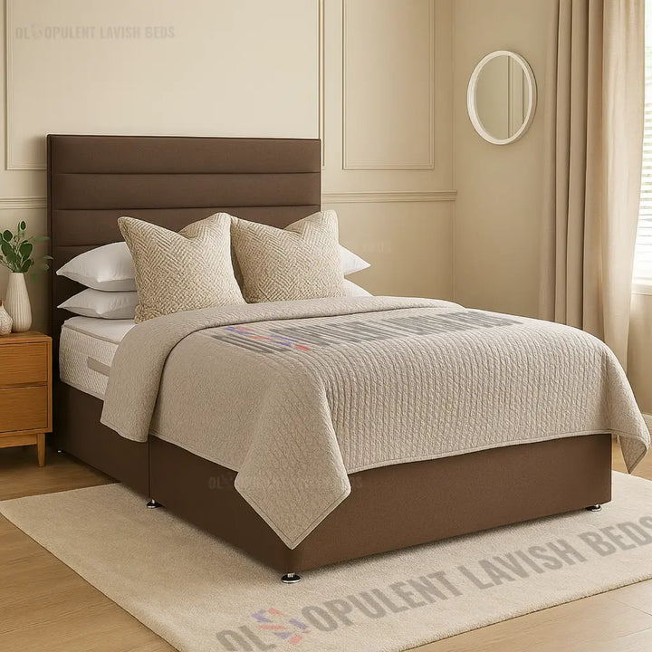 Bedroom with a brown bed and beige bedding, featuring a headboard and pillows.