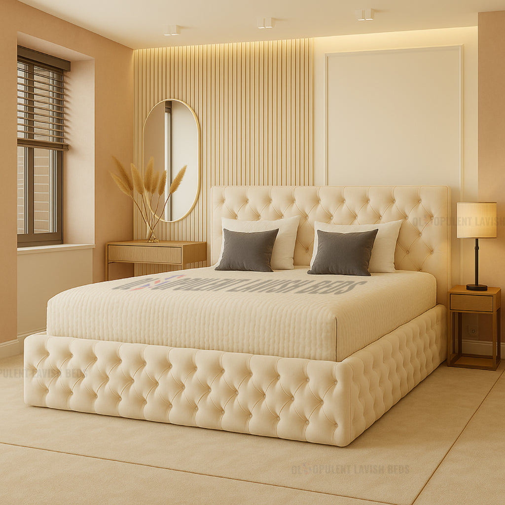 Cream Diamond Tufted Ottoman Storage Bed King Size