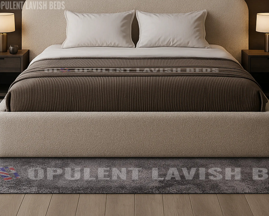 Beige bed with white pillows in a darkly decorated room, featuring 'Opulent Lavish Beds' branding.
