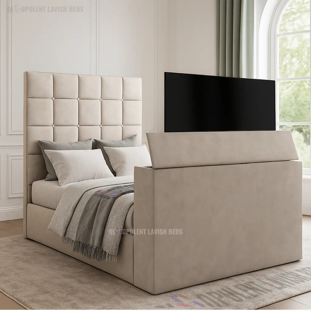 Grey Suede Harmony TV Bed with optional ottoman storage Double bed