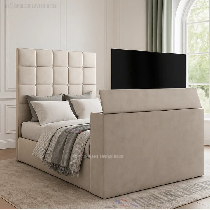 Grey Suede Harmony TV Bed with optional ottoman storage Double bed