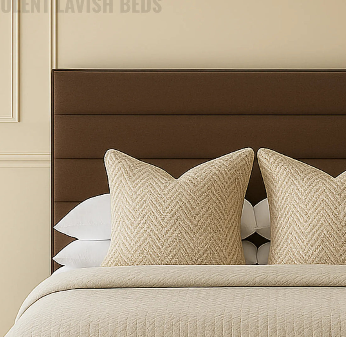 Bed with brown headboard and beige bedding in a bedroom setting, featuring 'Opulent Lavish Beds' branding.